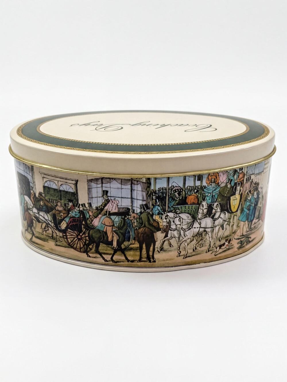 Coaching Days Storage Tin: Vintage English Regency Scene (Oval 7")